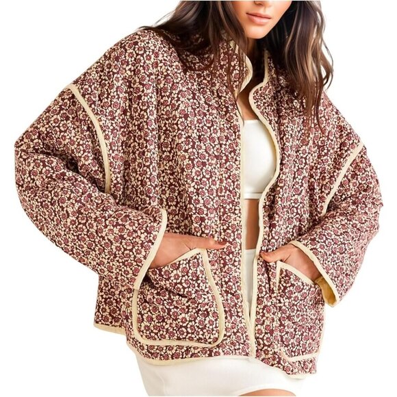Women’s P-red Cropped Puffer Jacket Floral Printed Quilted Lightweight Coat